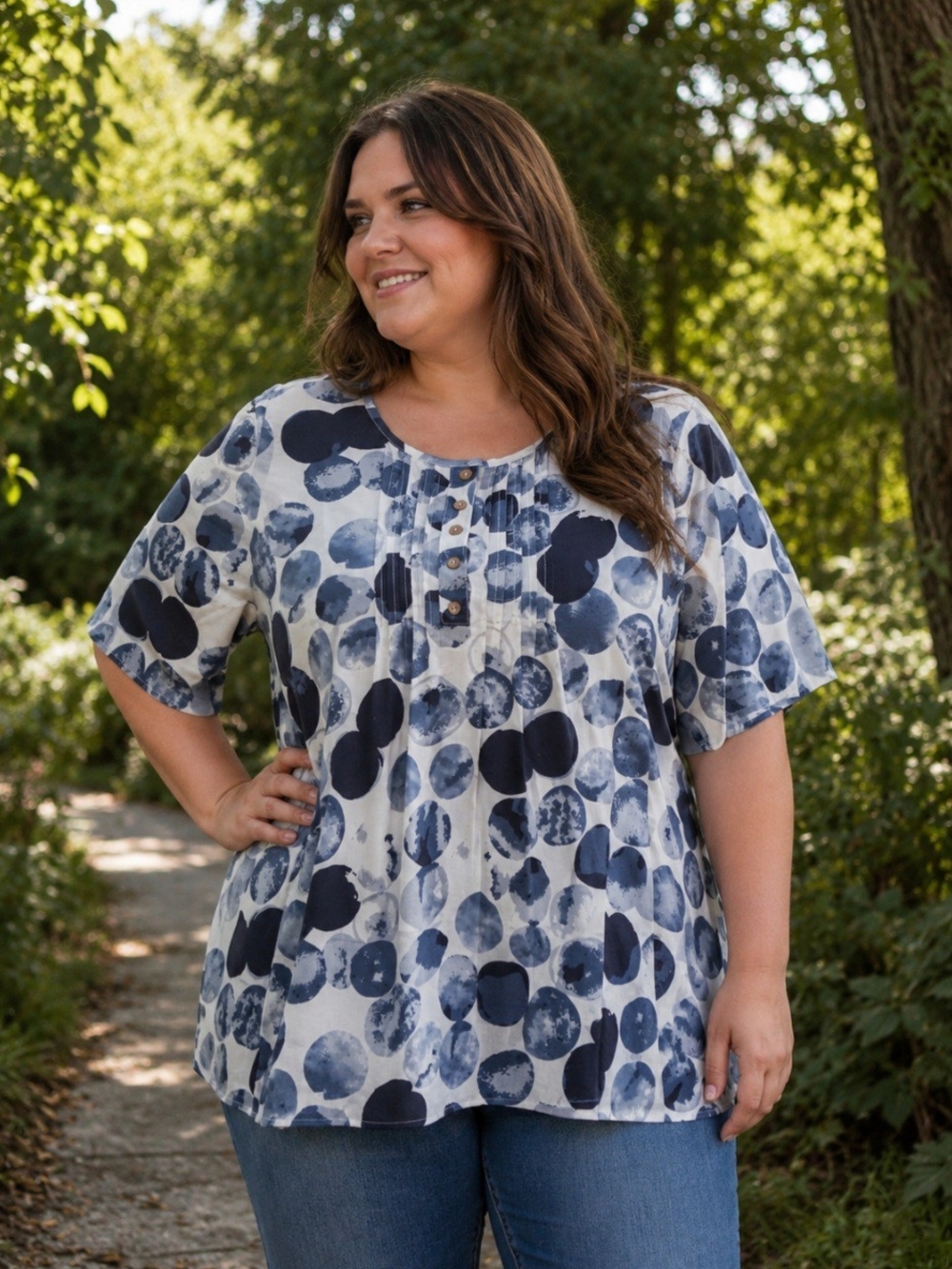 Blue White Watercolor Polka Dot Pintuck Short Sleeve Tunic Top Size XL
